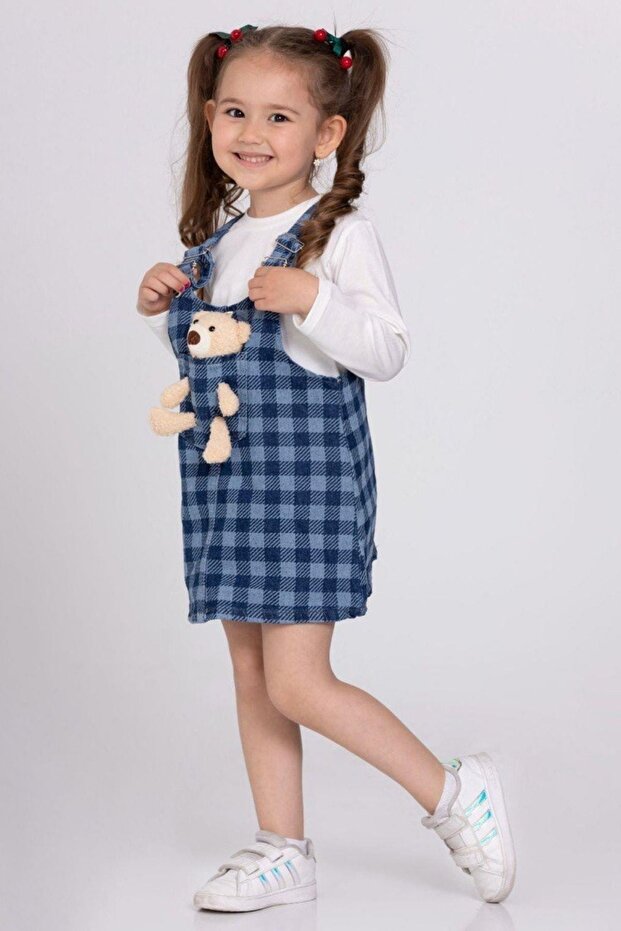 Girl's Plaid Patterned Teddy Bear Salopet