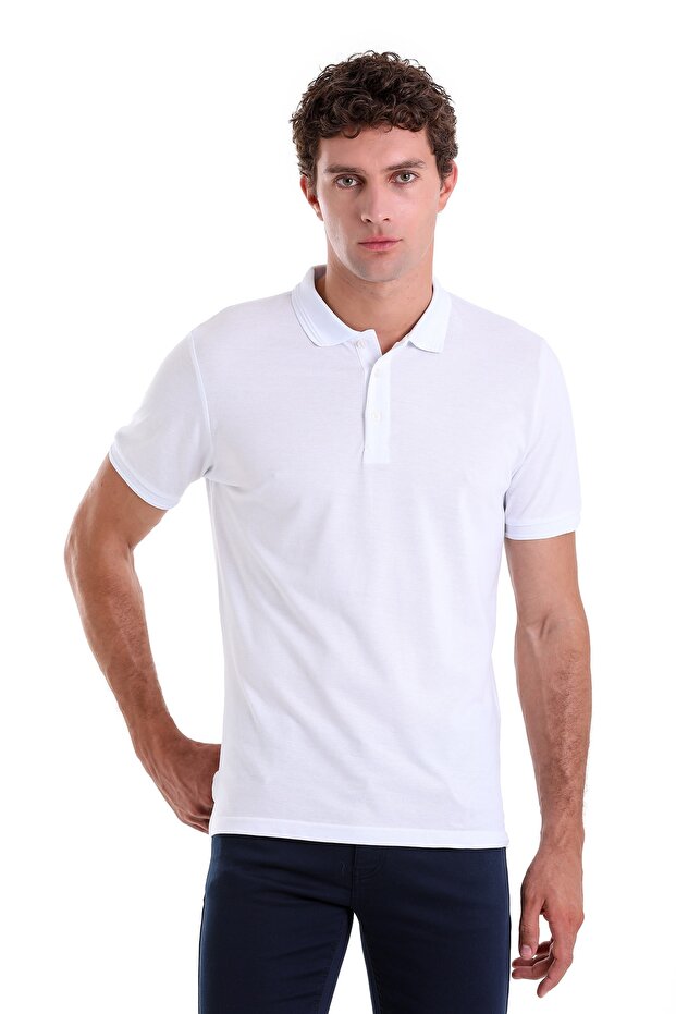 White Comfort Fit Plain 100% Cotton Polo Collar T-Shirt