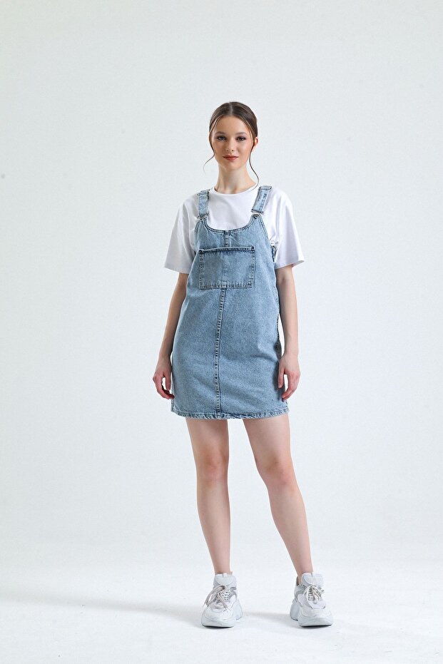 Ice Blue Denim Jumpsuit Skirt with Salopette