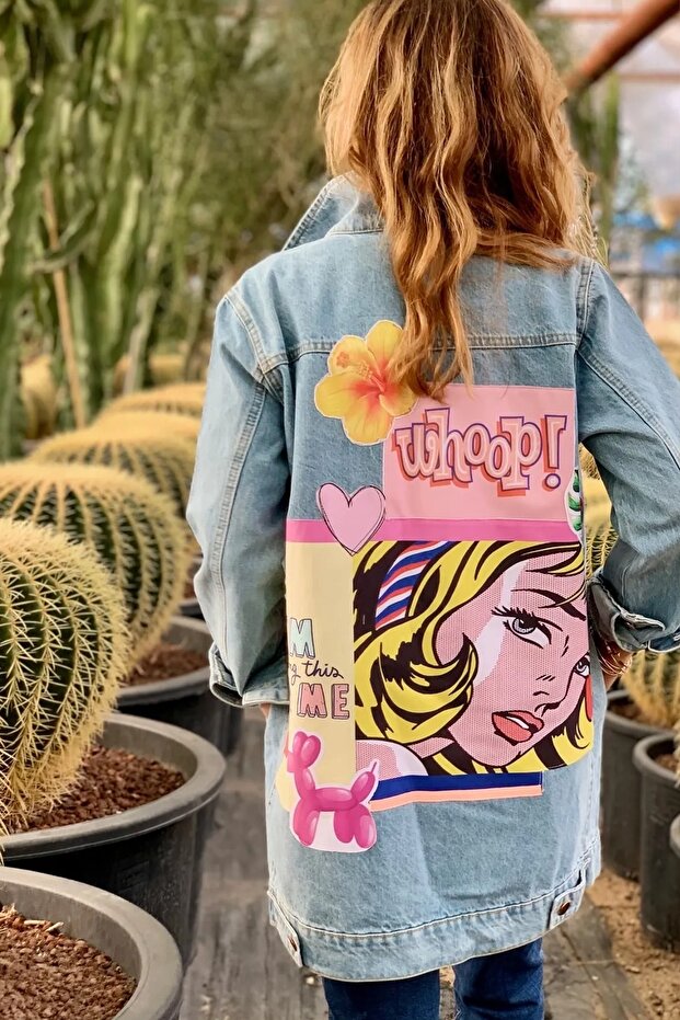Denim Jacket - Comic Patterned, Oversize Jeans Coat - 1