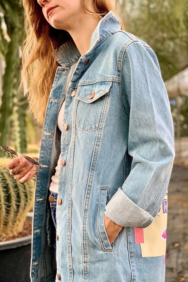 Denim Jacket - Comic Patterned, Oversize Jeans Coat - 2