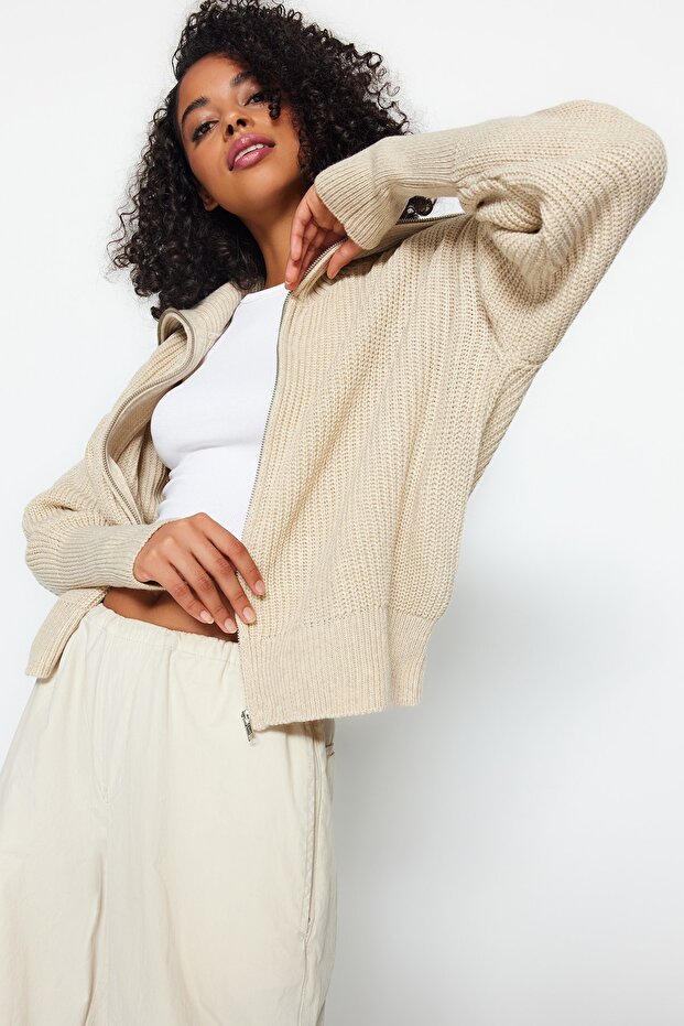 Taş Geniş Kalıp Devrik Yaka Fermuarlı Triko Hırka TWOAW24HI00072 - 2