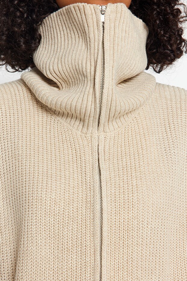 Taş Geniş Kalıp Devrik Yaka Fermuarlı Triko Hırka TWOAW24HI00072 - 4