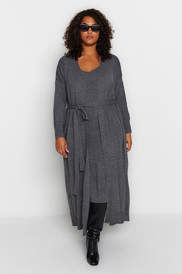 Velbloudí 2dílné úpletové Cardigan-šaty - 1