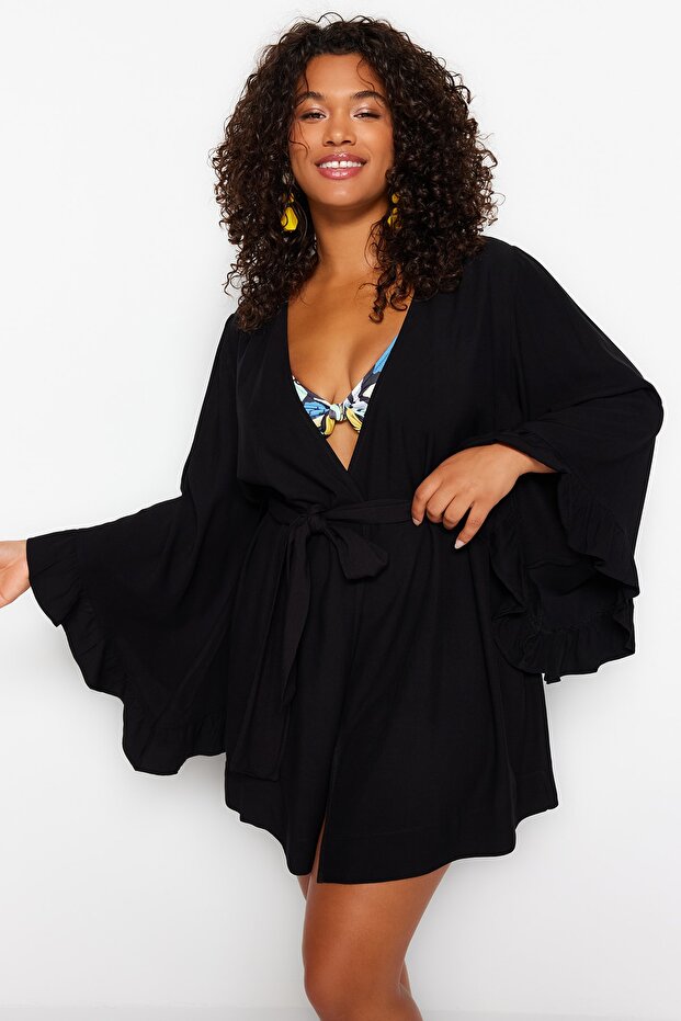 Siyah Kolu Fırfırlı Volanlı Viskon Plaj Giyim Dokuma Büyük Beden Kimono&Kaftan TBBSS23DE00001 - 3