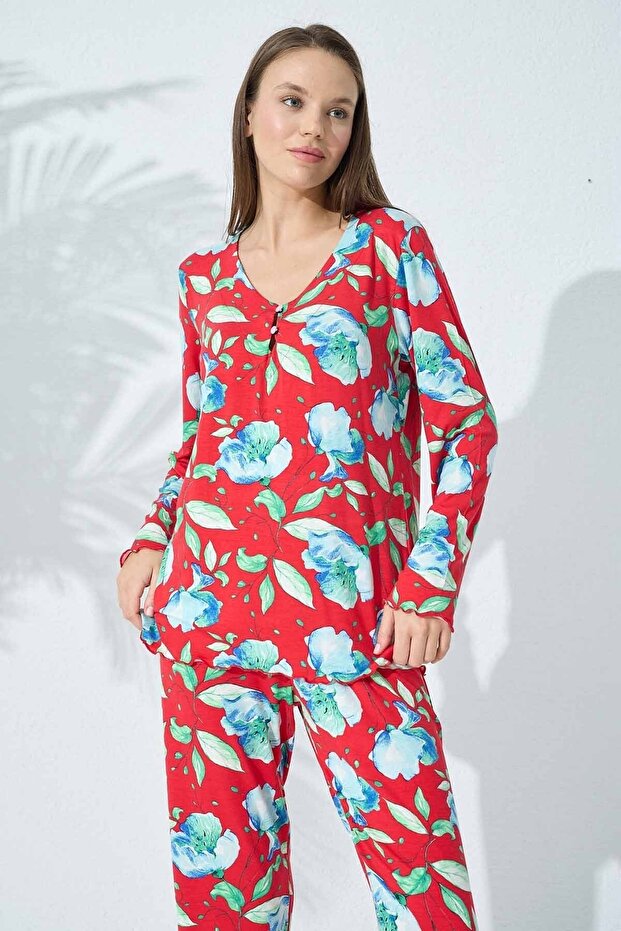 طقم بيجامة فيسكوز بأزرار منقوشة - 2