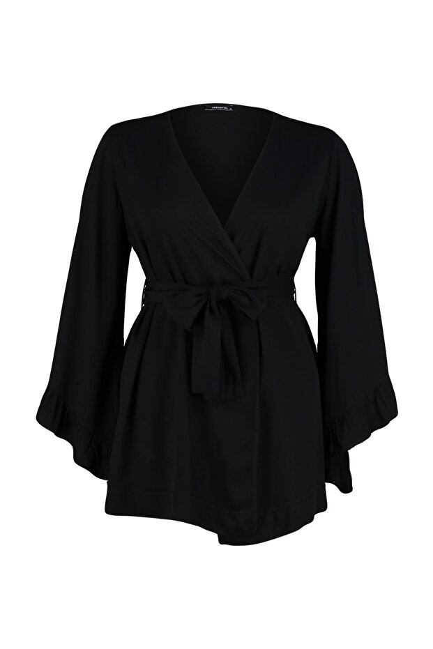 Siyah Kolu Fırfırlı Volanlı Viskon Plaj Giyim Dokuma Büyük Beden Kimono&Kaftan TBBSS23DE00001 - 6