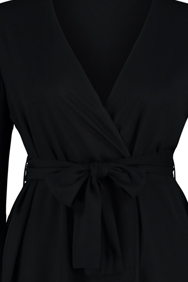 Siyah Kolu Fırfırlı Volanlı Viskon Plaj Giyim Dokuma Büyük Beden Kimono&Kaftan TBBSS23DE00001 - 7