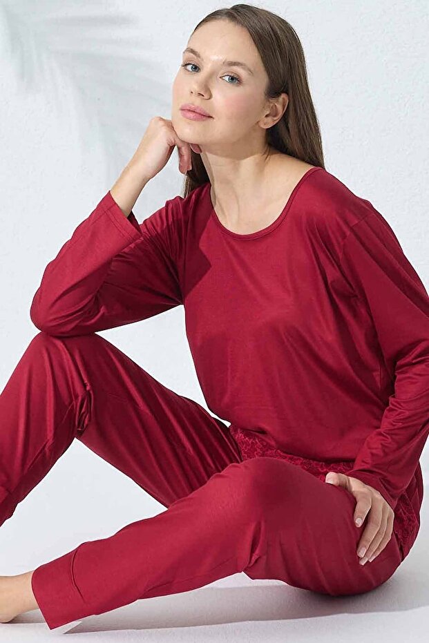 burgundy Lace Detailed Viscose Pajama Set