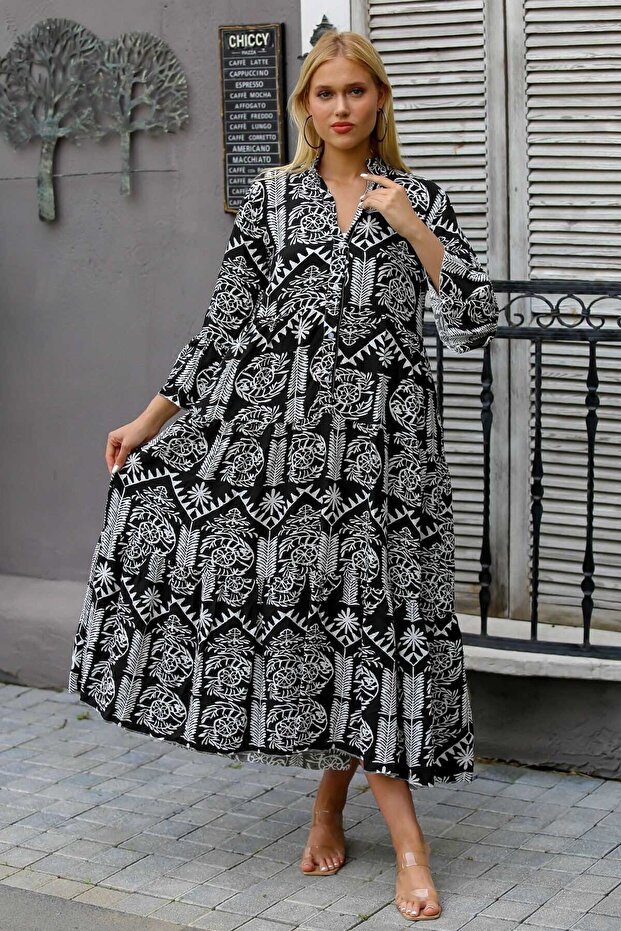 Italian Black-Grey Magnificent Collar Ruffle Sleeve Allover Printed Knitted Dress