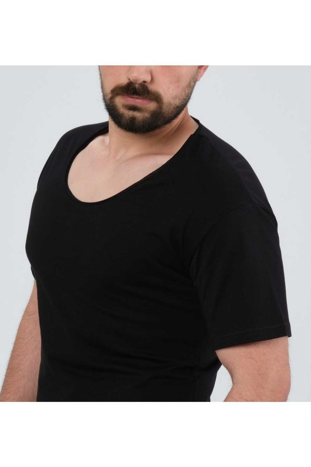 Men's Open Collar Oval Cut Basic T-Shirt