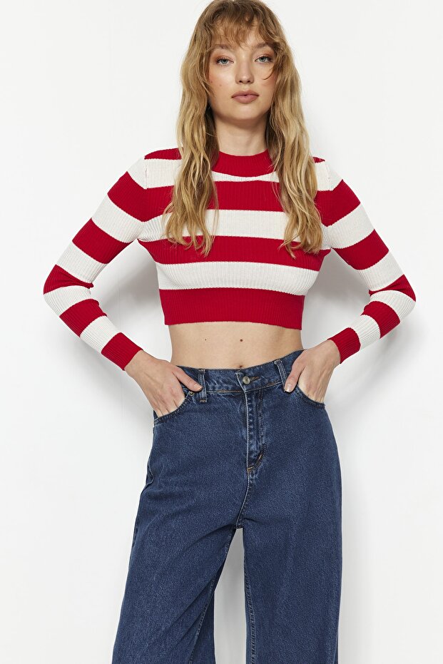 Roter Crop-Pullover aus gestreiftem Baumwollstrick TWOAW20KZ0255 - 3