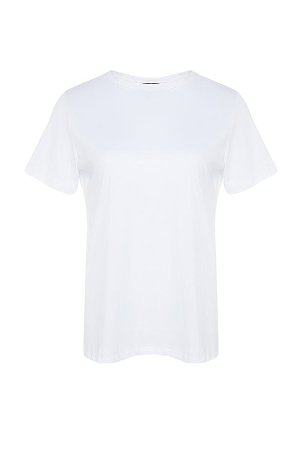 Beyaz Relaxed Bisiklet Yaka Yırtmaçlı %100 Pamuk Örme T-Shirt TBBSS22BF0031 - 6