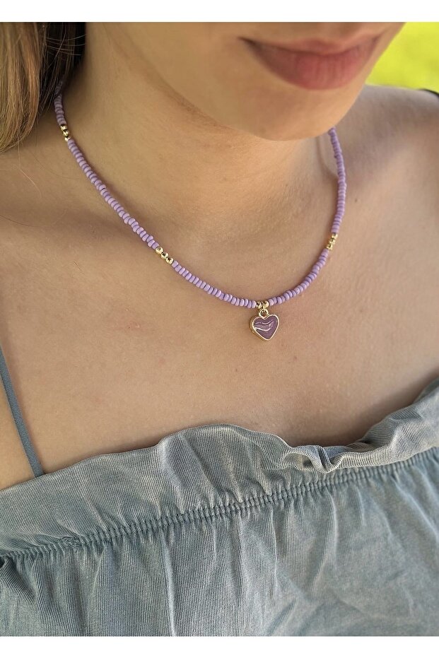 Lilac bead enamel heart necklace