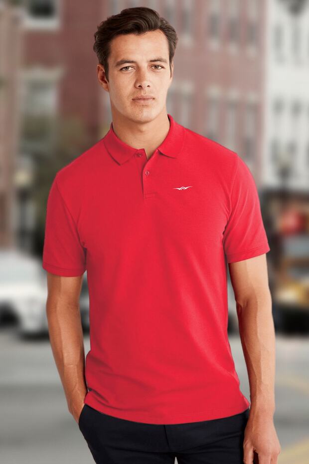 Men's Red Pocketless Polo Collar Printed Cotton T-Shirt
