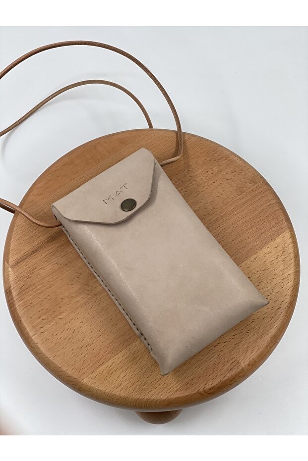 Women's Minimal Phone Bag with Strap Beige Natural Genuine Leather Two Compartment Hiking Bag