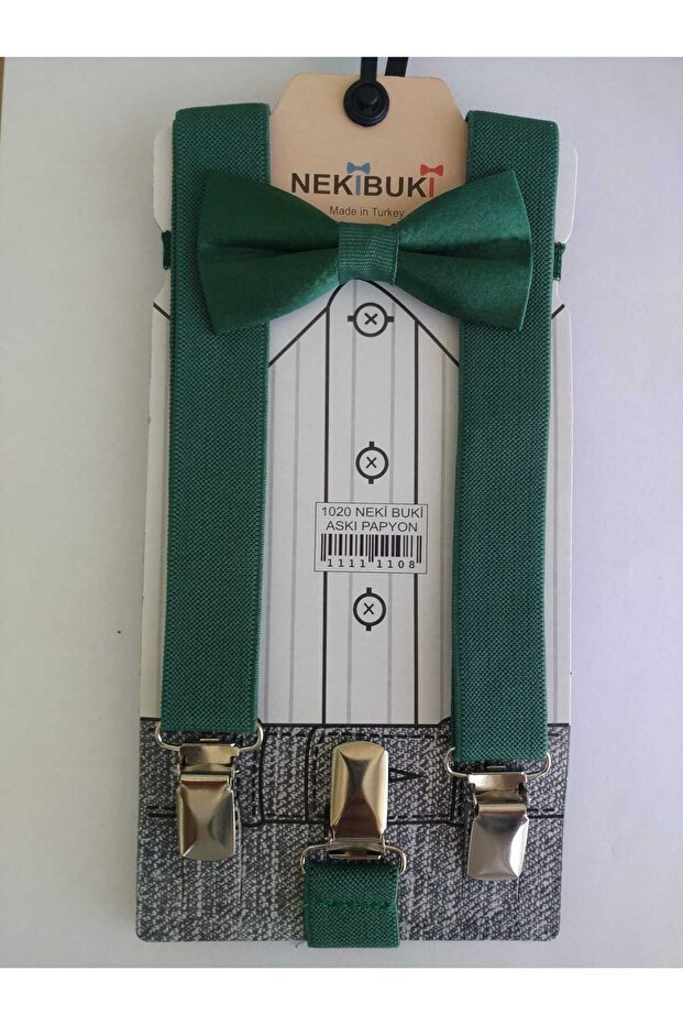 Adjustable 1-9 Years Green Children's Trouser Suspenders and Bow Tie Set