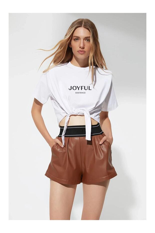 Sloganlı Bel Detay Örme T-Shirt - 1