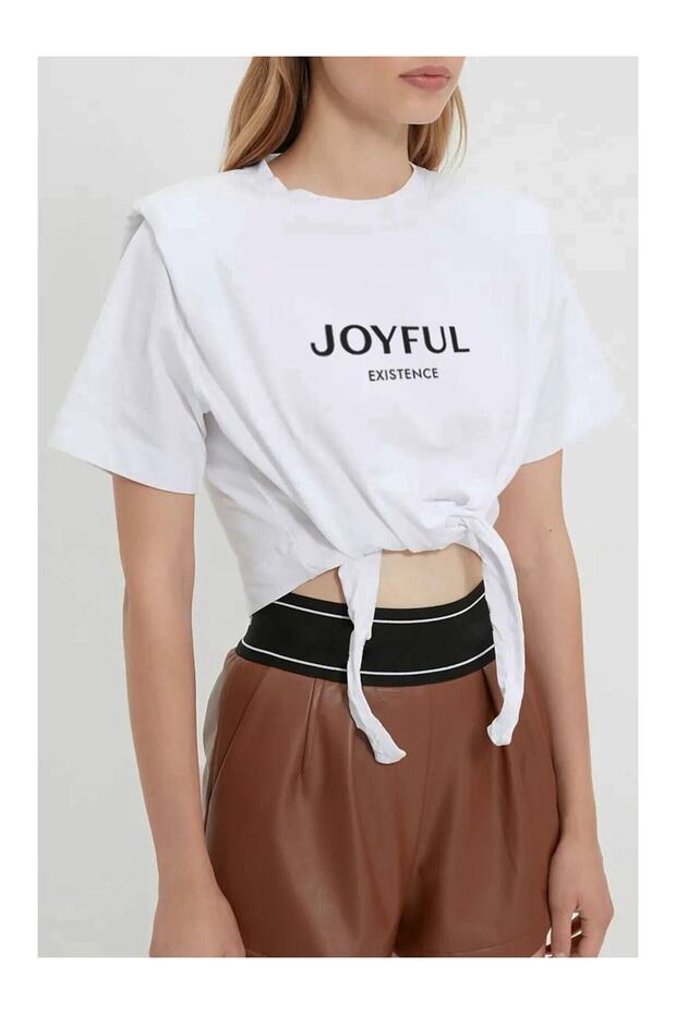 Sloganlı Bel Detay Örme T-Shirt - 2