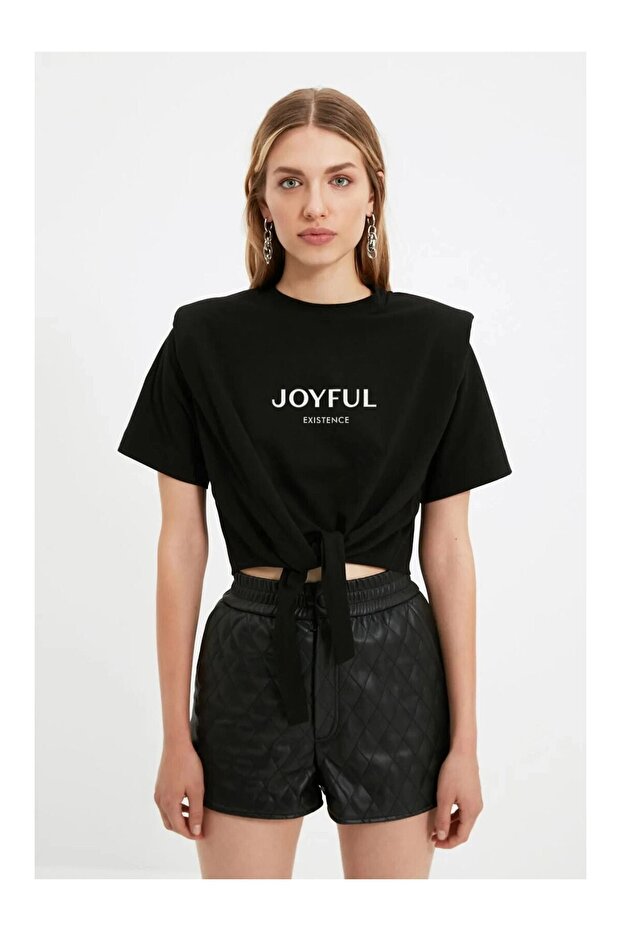 Sloganlı Bel Detay Örme T-Shirt - 2