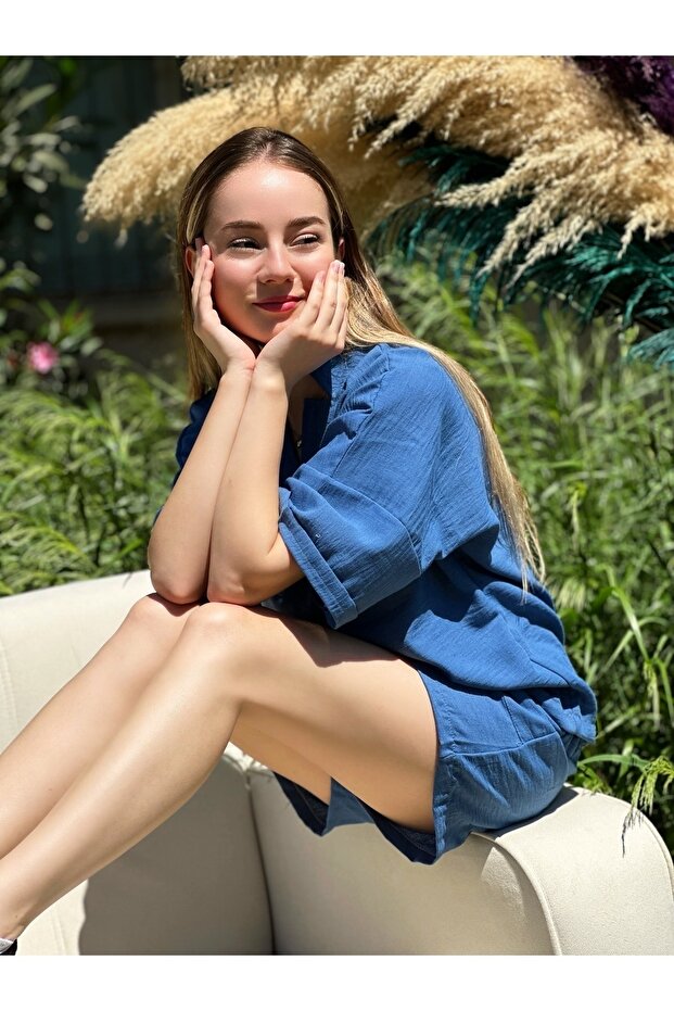 Mavi Keten T-shirt-şort Eşofman Takımı - 4