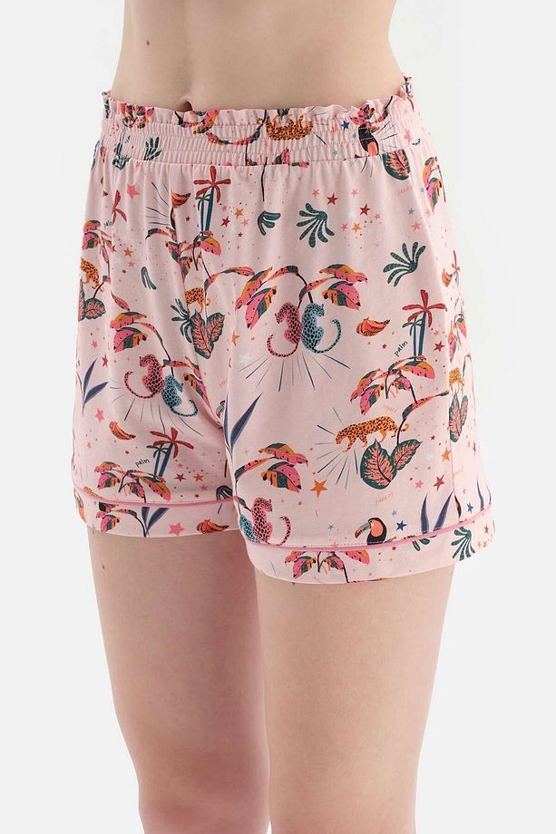 Açık Pembe Gömlek Yaka Tropikal Desenli Şortlu Örme Pijama Takımı - 4