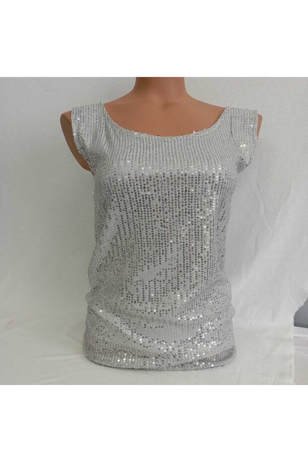 Gri Parlak Payetli Bluz - 3