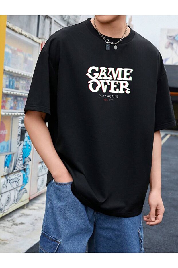 Unisex Oversize T-shirt Game Over Front Printed Black