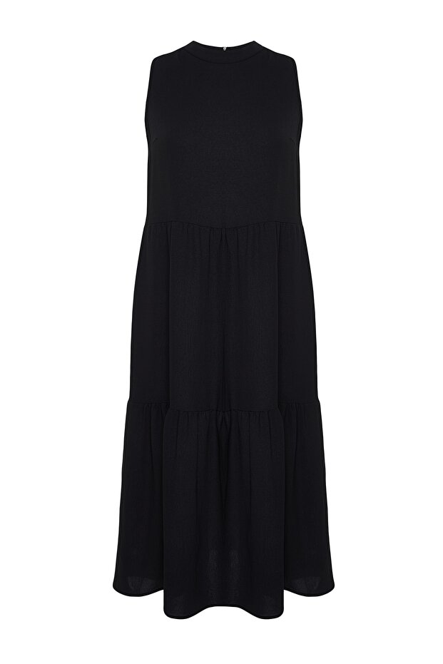 Siyah Shift/Düz Kesim Dik Yaka Midi Dokuma Elbise TBBSS22EL1593 - 6