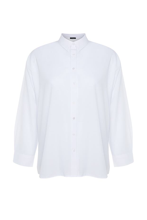 Beyaz Loose Fit Basic Pamuklu Uzun Kollu Dokuma Büyük Beden Gömlek TBBSS22GO0319 - 8