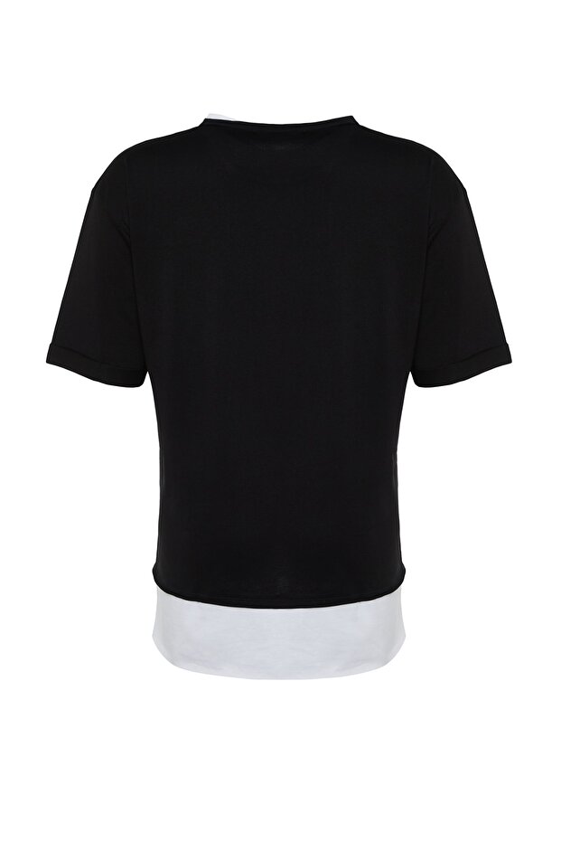 Siyah Oversize Fit Alttan T-shirt Çıkma Görünümlü %100 Pamuk Örme Büyük Beden T-Shirt TBBSS22TS0727 - 8