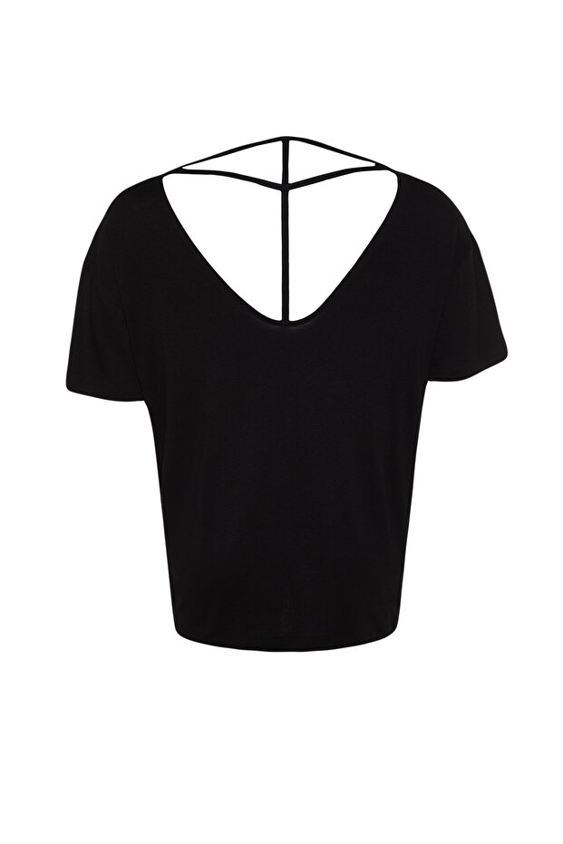 Siyah Oversize Fit Yaka Detaylı Büyük Beden Örme T-Shirt TBBSS22TS0877 - 8