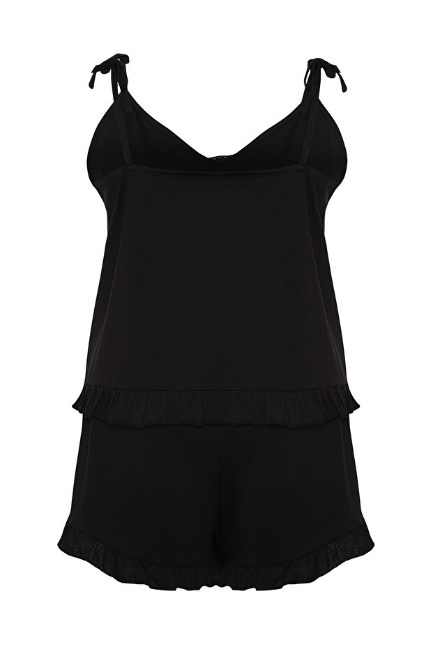 Black Strappy Knitted Ruffle Detailed Pajamas Set TBBSS22PT0564 - 8