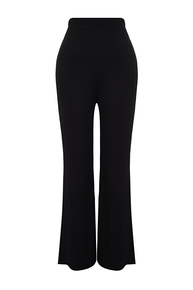 Siyah Yüksek Bel Flare İspanyol Paça Örme Büyük Beden Pantolon TBBSS22PL0416 - 5