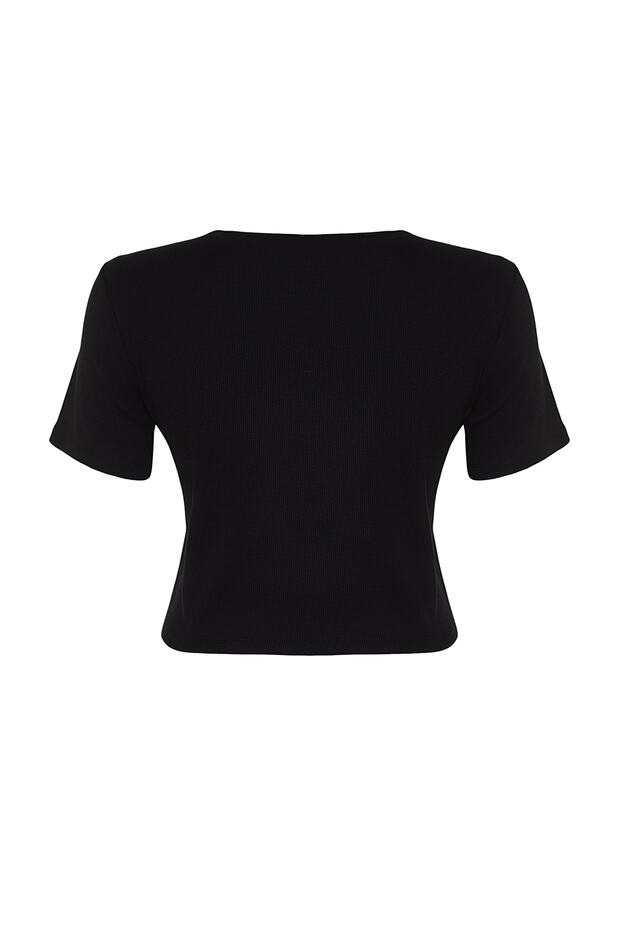 Siyah Crop Bisiklet Yaka Örme Büyük Beden T-Shirt TBBSS22TS2107 - 8