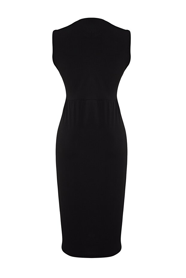 Siyah Bodycone/Vücuda Oturan Kemerli Drape ve Yırtmaçlı Örme Elbise TBBSS22AH00008 - 9