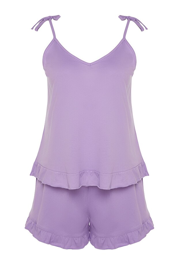 Lila Askılı Örme Fırfır Detaylı Şortlu Pijama Takımı TBBSS22PT0564 - 6