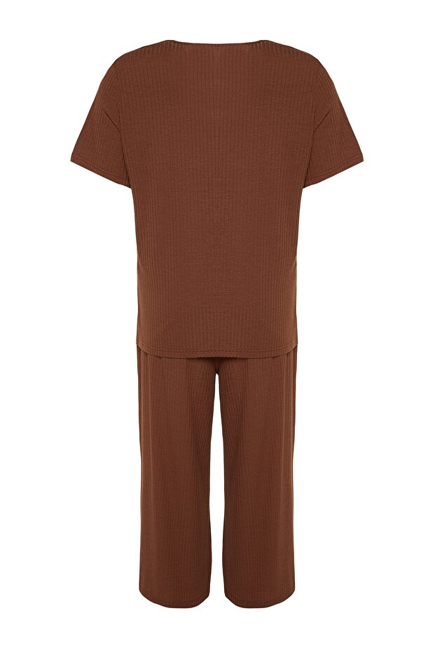 Kahverengi Fitilli V Yaka Capri Boy Örme Pijama Takımı TBBSS22PT0237 - 9