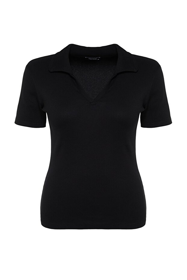 Siyah Polo Yaka Vücuda Oturan Fitilli Örme Bluz TBBSS22BZ0750 - 7