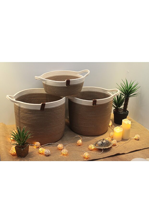 Beige and White Multi-Purpose & Decor Basket - Handled End