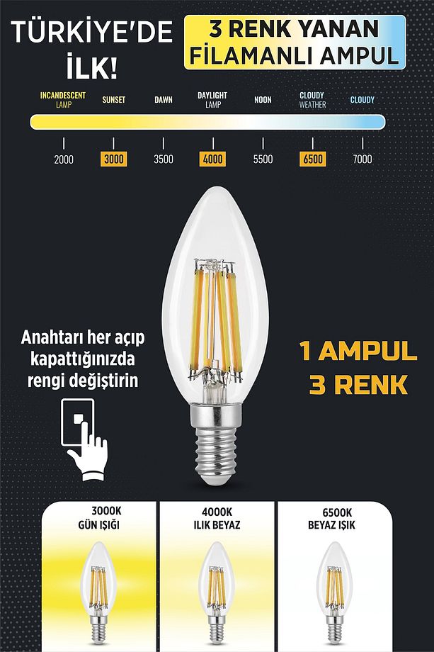 3 Renkli Led Filament Rustik Ampul 6w E14 C35 - 1