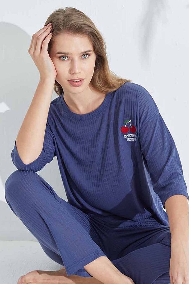 lacivert Soft Touch İnce Örme Nakışlı Pijama Takım - 1