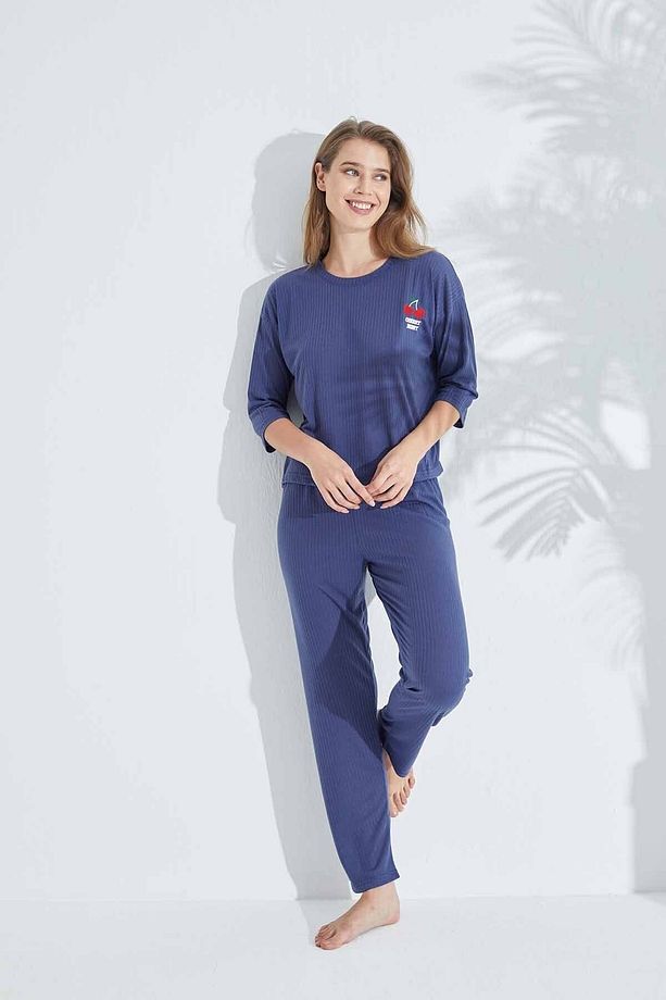 lacivert Soft Touch İnce Örme Nakışlı Pijama Takım - 2