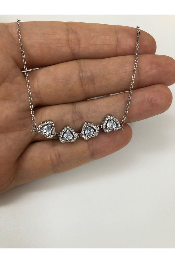 Zirkon Taşlı Açılabilir Mıknatıslı Yonca Model ve Sıralı kalp Kolye - 6