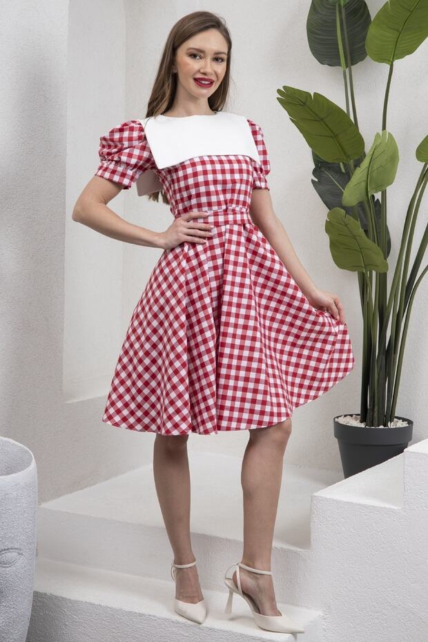 Vintage Red Gingham Mobile White Collar Watermelon Sleeve Flared Dress (Dress-White Collar)