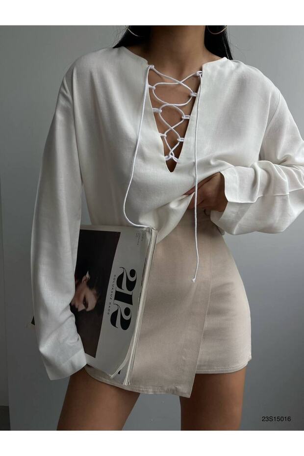 FRONT TIE COMFORTABLE FIT LINEN BLUZ