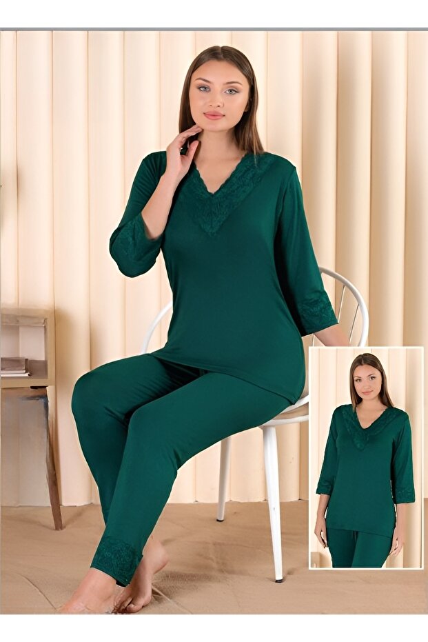 Women's Lace V-Neck Long Sleeve Pajama Set