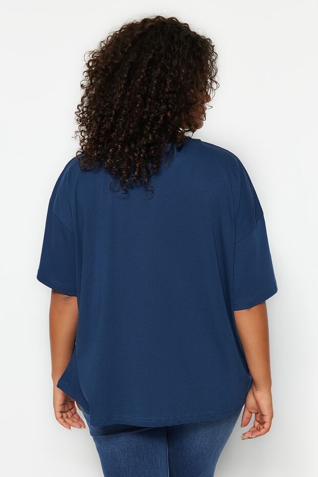 Lacivert Yaka Ribanalı Geniş Kalıp %100 Pamuk Basic Örme T-shirt TBBSS23BF00017 - 5