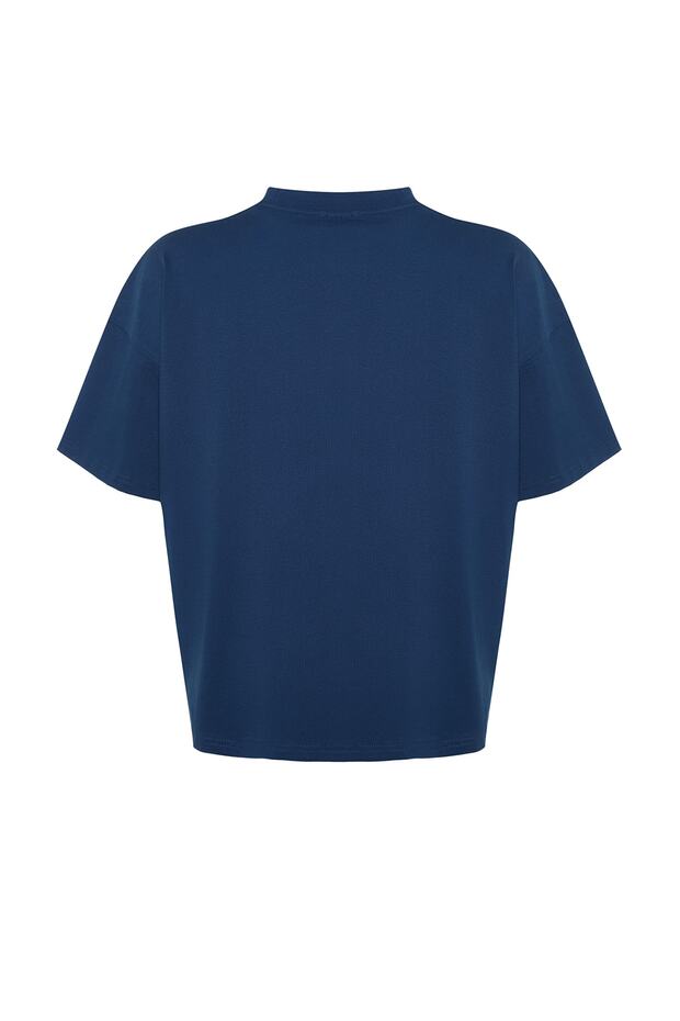 Lacivert Yaka Ribanalı Geniş Kalıp %100 Pamuk Basic Örme T-shirt TBBSS23BF00017 - 7