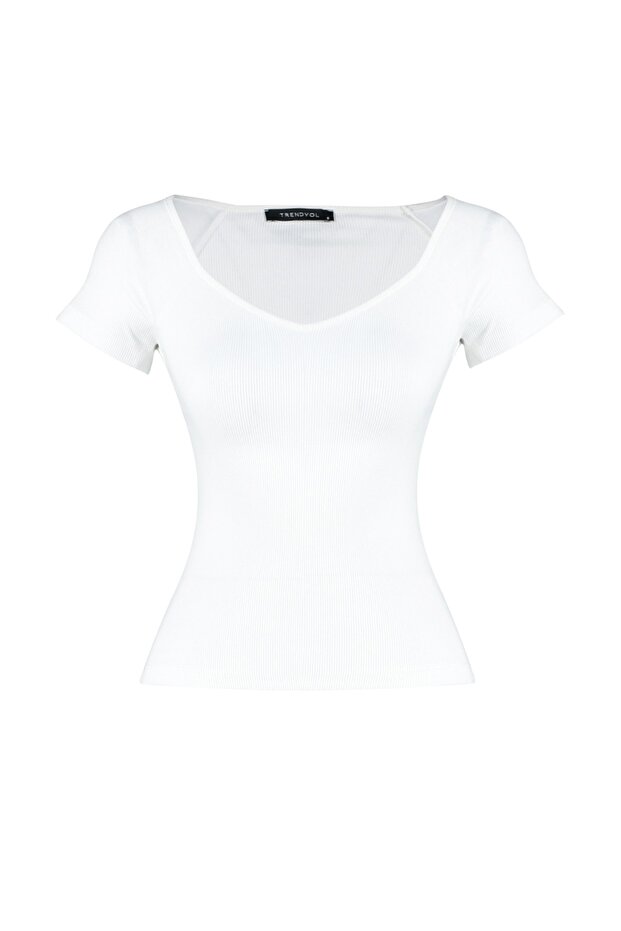 Beyaz Fitted/Vücuda Oturan Fitilli Pamuk Esnek Örme Bluz TWOSS21BZ0579 - 7
